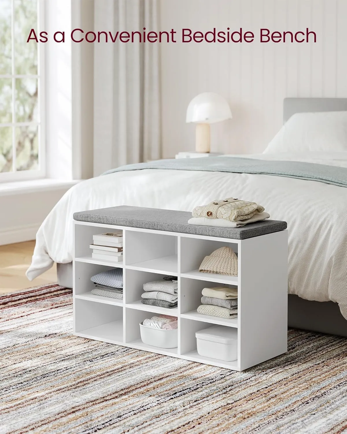 VASAGLE Shoe Bench with Cushion, Storage Bench with Padded Seat, Entryway Bench with 9 Compartments, for Bedroom, 11.9 x 30.9 x 18.9 Inches, Cloud White and Dove Gray ULHS009W14