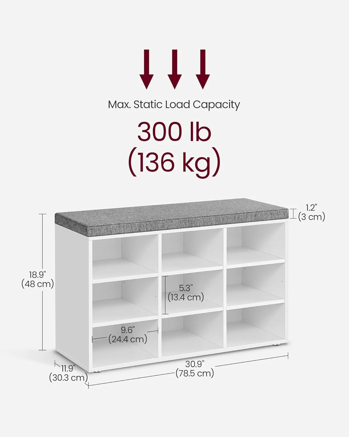 VASAGLE Shoe Bench with Cushion, Storage Bench with Padded Seat, Entryway Bench with 9 Compartments, for Bedroom, 11.9 x 30.9 x 18.9 Inches, Cloud White and Dove Gray ULHS009W14