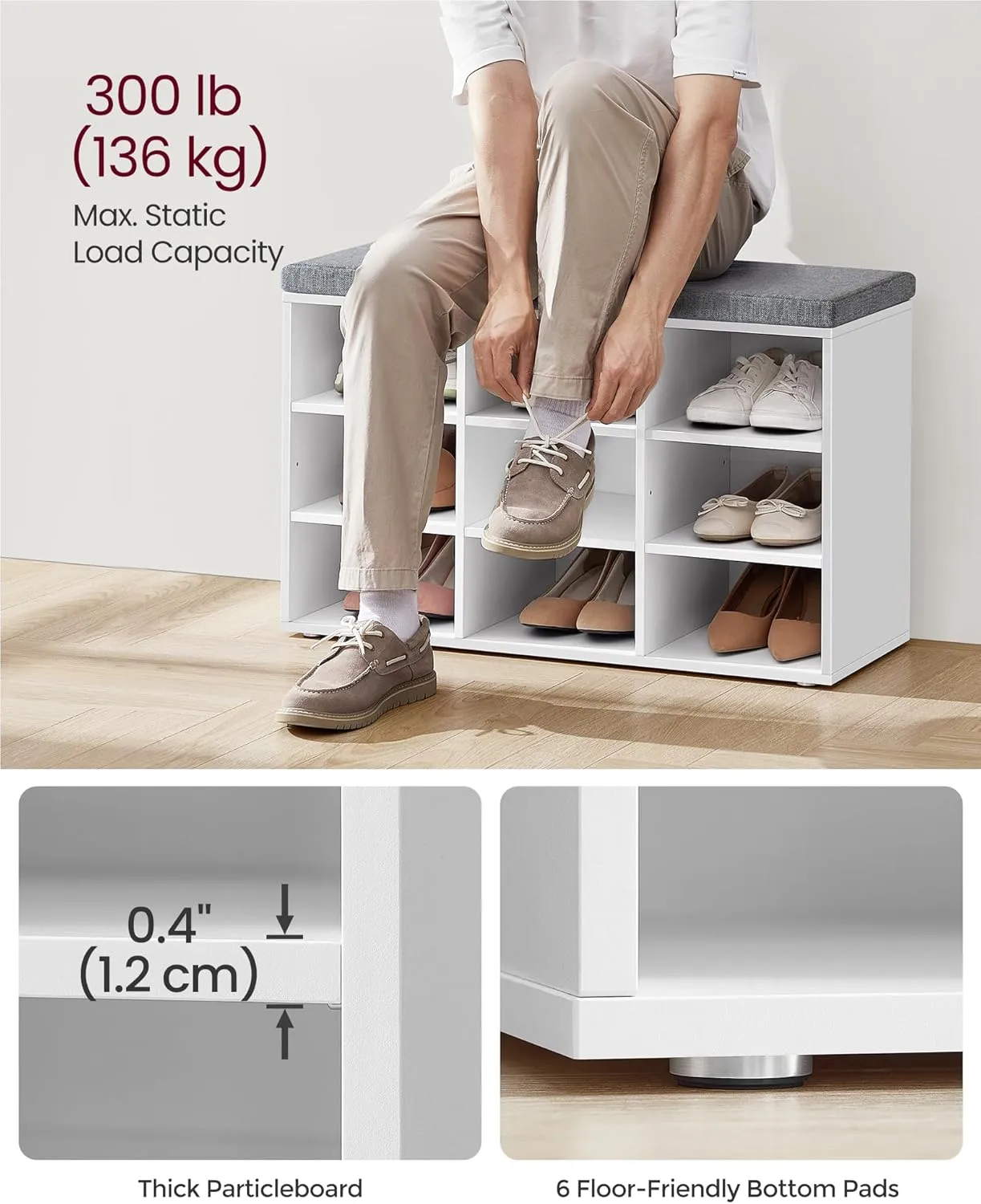 VASAGLE Shoe Bench with Cushion, Storage Bench with Padded Seat, Entryway Bench with 9 Compartments, for Bedroom, 11.9 x 30.9 x 18.9 Inches, Cloud White and Dove Gray ULHS009W14