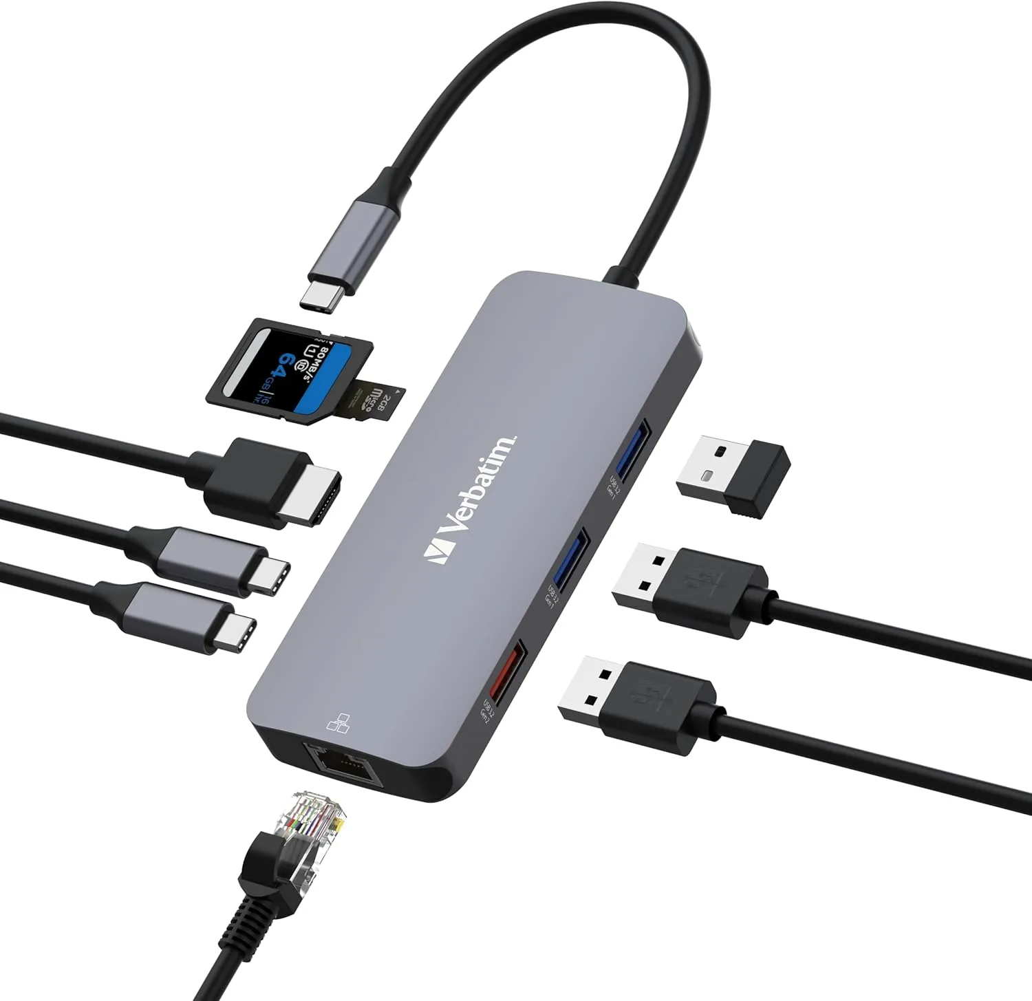 Verbatim USB C Hub 9 in 1 Multiport Adapter USB-C to HDMI RJ45 USBA-A and USB-C with SD Card Reader for Mac, MacBook Pro/Air, iPad Pro, Thinkpad, Windows Computer, Laptop and Co