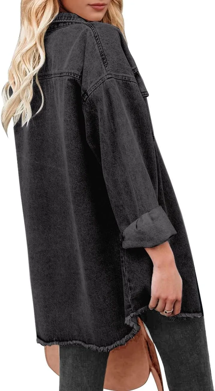 Vetinee Women’s Oversized Button Up Frayed Hem Shacket Long Sleeve Pockets Denim Jean Jacket