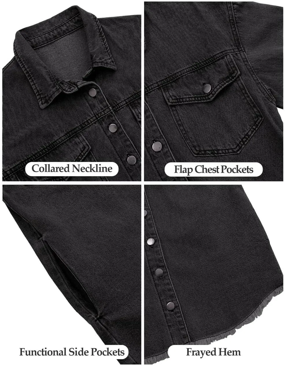 Vetinee Women’s Oversized Button Up Frayed Hem Shacket Long Sleeve Pockets Denim Jean Jacket