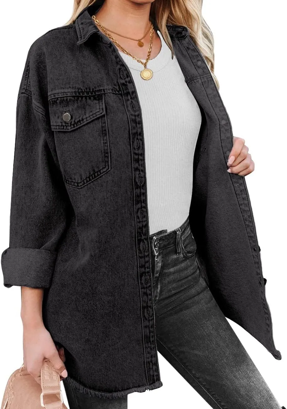 Vetinee Women’s Oversized Button Up Frayed Hem Shacket Long Sleeve Pockets Denim Jean Jacket