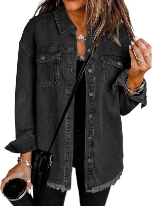 Vetinee Women’s Oversized Button Up Frayed Hem Shacket Long Sleeve Pockets Denim Jean Jacket