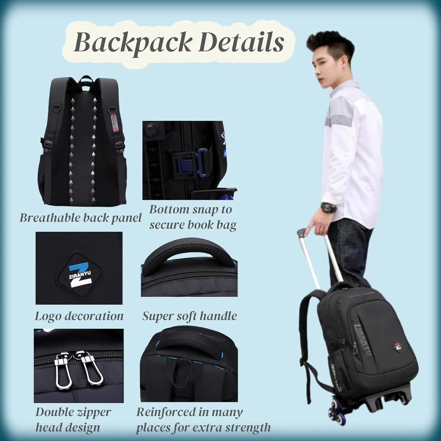 VIDOSCLA Black Kids Boys Rolling Backpack Teens Carry-on Luggage with Wheels Trolly BookBag for School-2 Wheels
