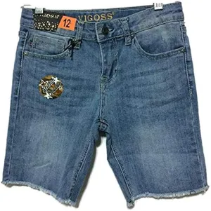 VIGOSS Girl's Stretch Denim Shorts with Adjustable Waistband (14, Light Wash Denim)