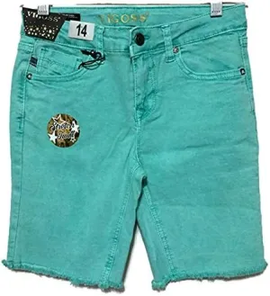 VIGOSS Girl's Stretch Denim Shorts with Adjustable Waistband (16, Washed Green)