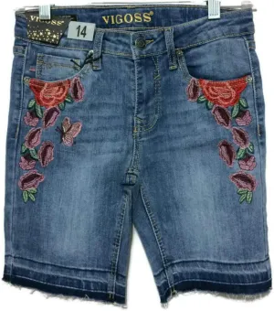 VIGOSS Girl's Stretch Denim Shorts with Adjustable Waistband Embroidery Denim 14