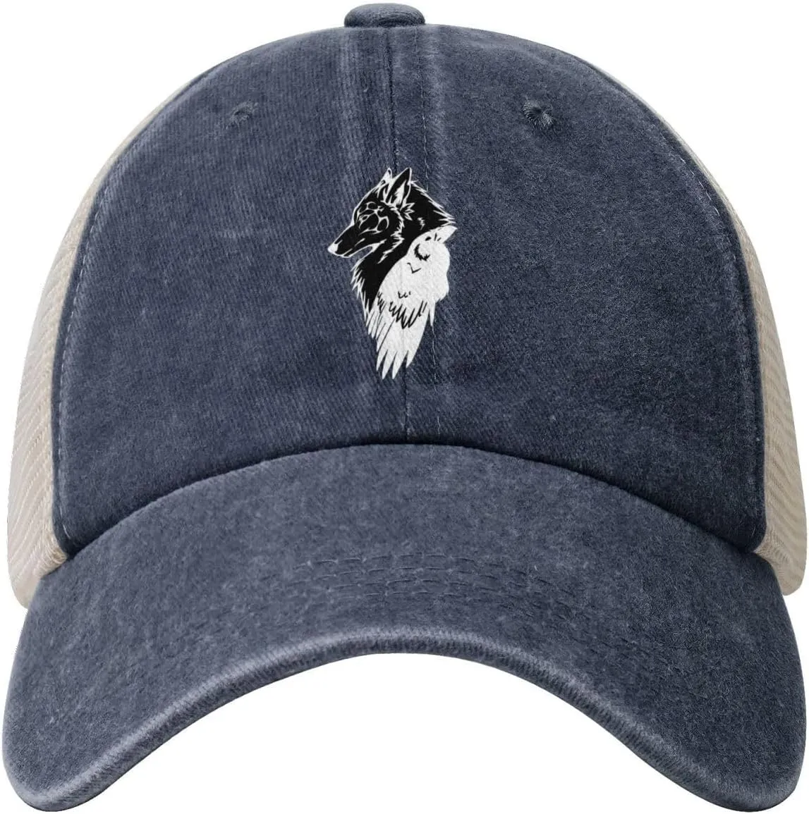 Viking Norse Wolf Raven Rune Outdoor Adjustable Washed Denim Mesh Hat Denim Baseball Cap Cowboy Hat