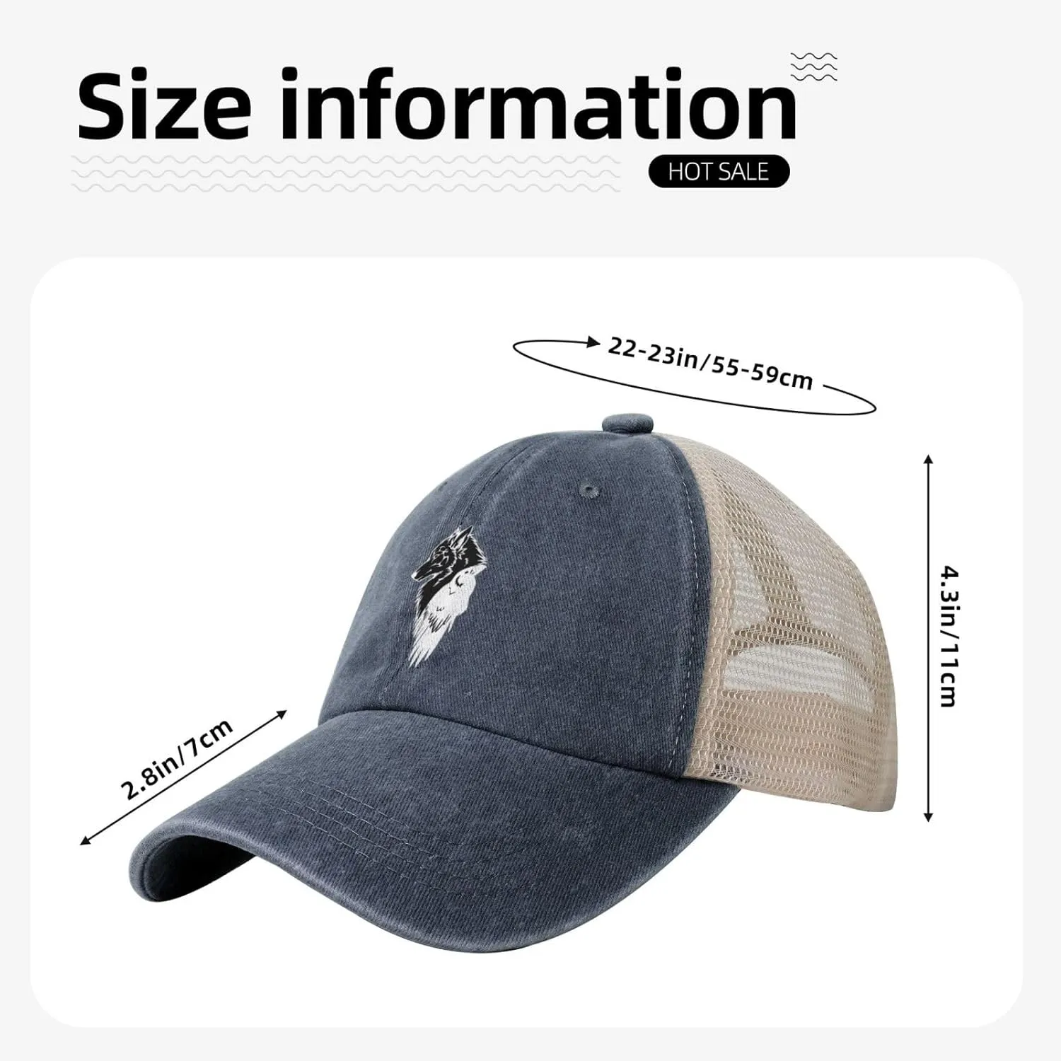 Viking Norse Wolf Raven Rune Outdoor Adjustable Washed Denim Mesh Hat Denim Baseball Cap Cowboy Hat