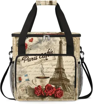 Vintage Parisian Eiffel Tower Rose Coffee Maker Storage Bag, Travel Coffee Maker Carrying Storage Tote Bag Compatible with K-Mini or K-Mini Plus, Dustproof Tote Bag with Shoulder Strap for Women Men