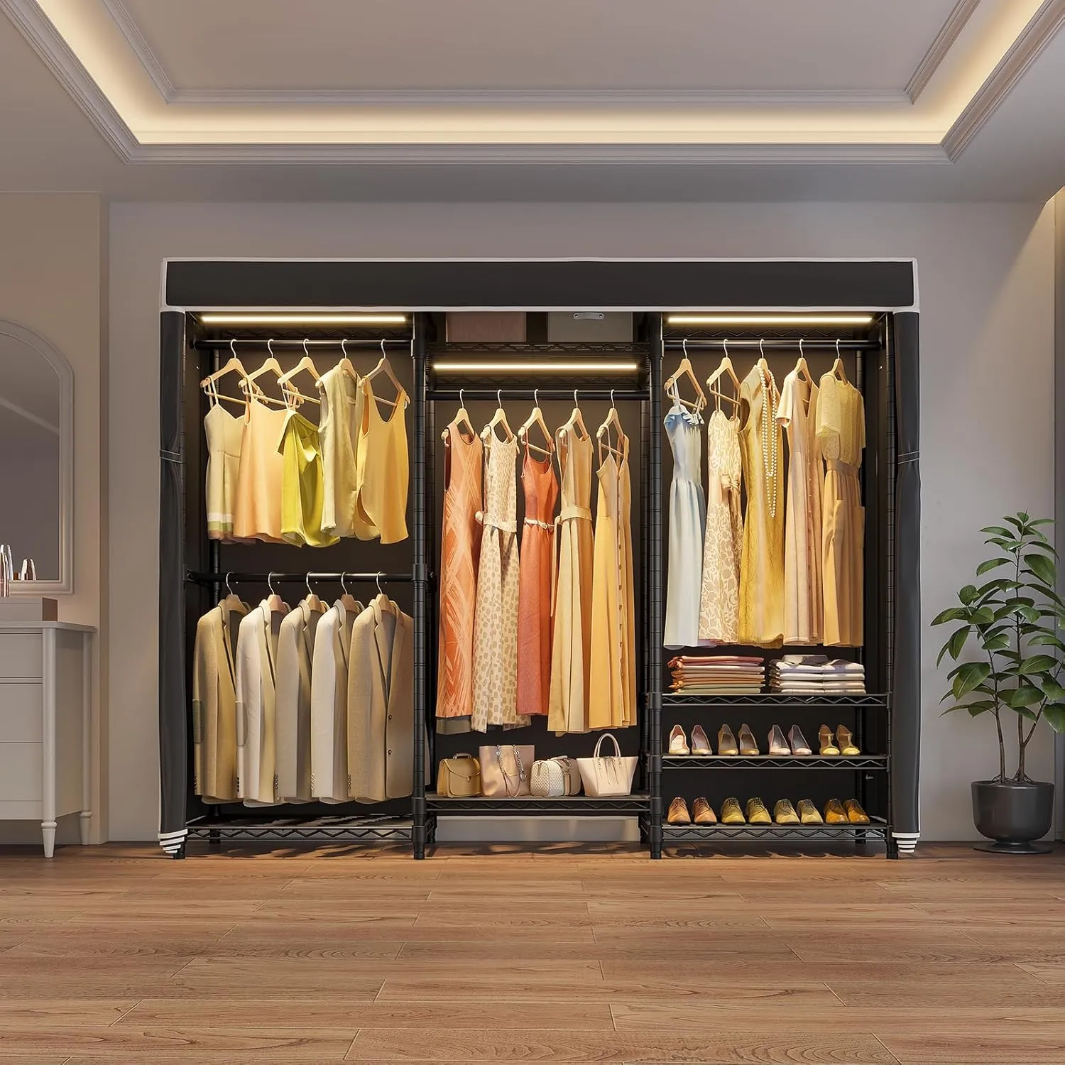 VIPEK V5LC Garment Rack Heavy Duty Covered Clothes Racks with Dimmable LED Light 3000K Warm White, Portable Closet Wardrobe Freestanding Clothing Racks for Hanging Clothes, Black Rack with Black Cover