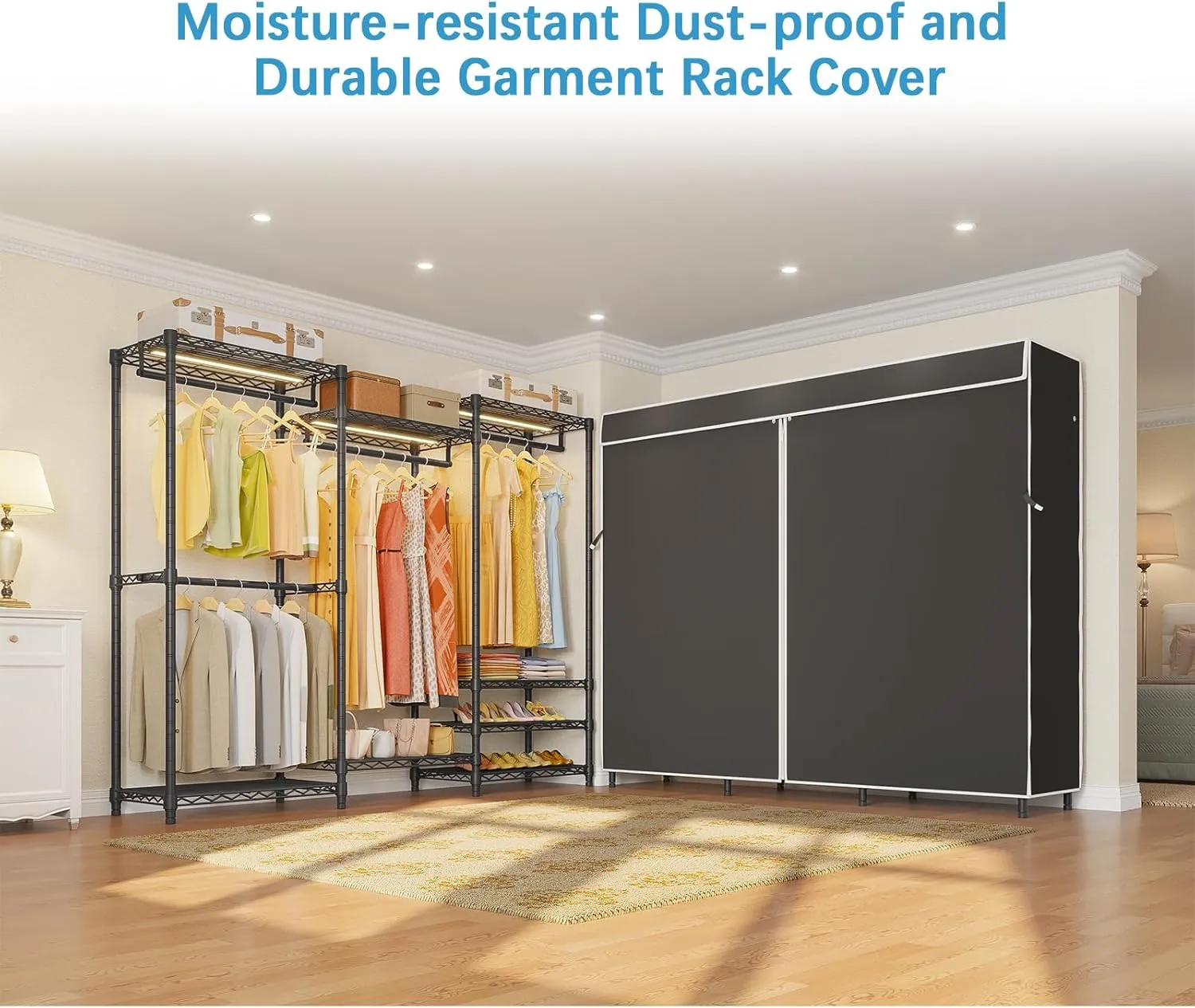VIPEK V5LC Garment Rack Heavy Duty Covered Clothes Racks with Dimmable LED Light 3000K Warm White, Portable Closet Wardrobe Freestanding Clothing Racks for Hanging Clothes, Black Rack with Black Cover