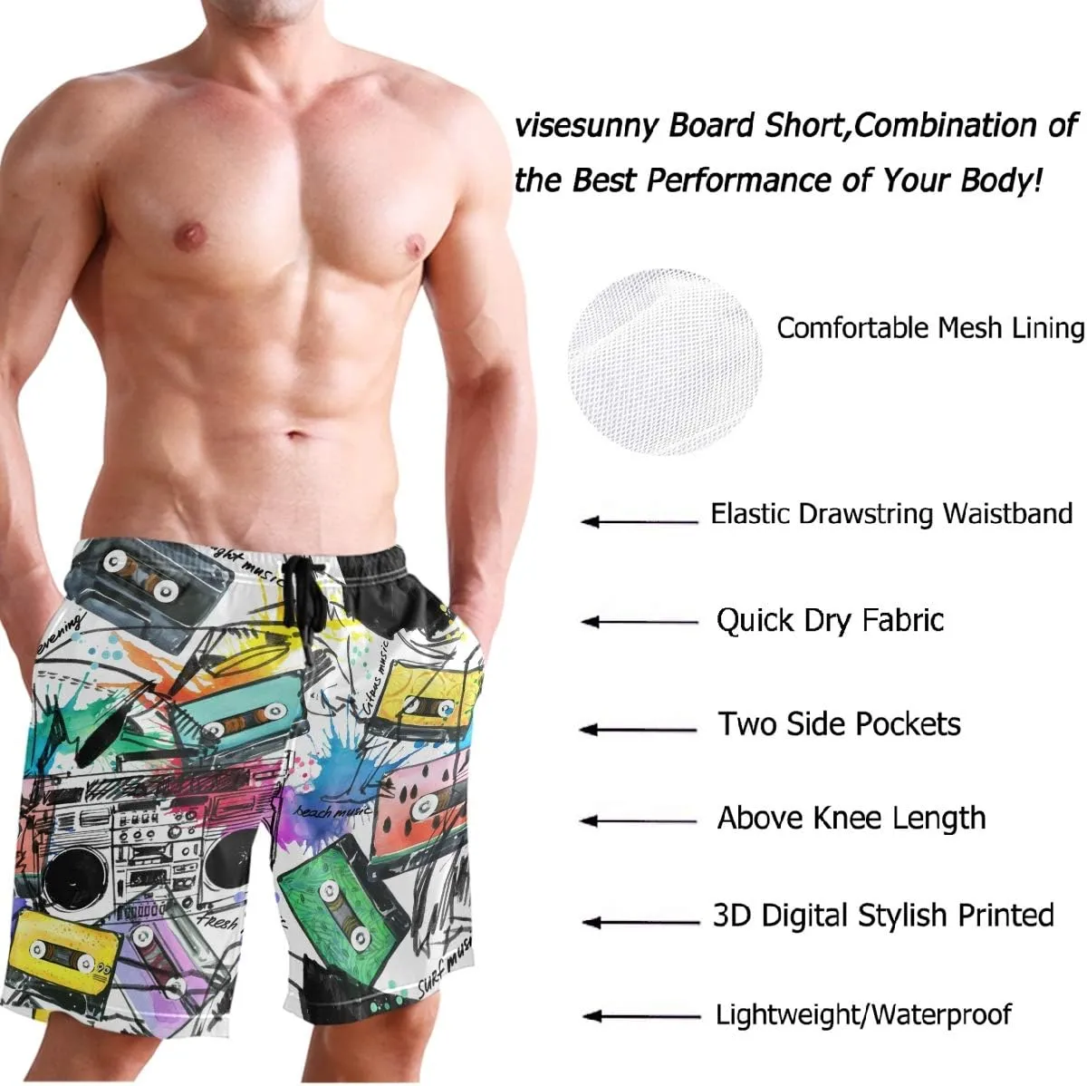 visesunny Men Swim Trunks Swimming Beach Surfing Board Shorts Swimwear Quick Dry Mesh Lining Bathing Suits with Pockets