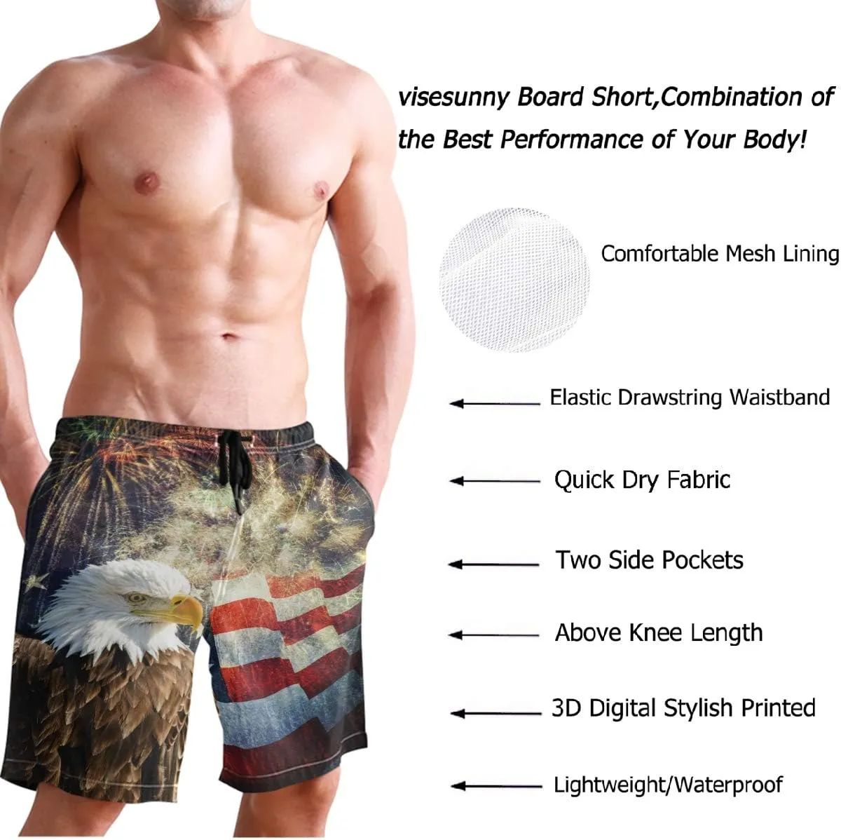 visesunny Mens Funny Swim Trunks Quick Dry Beachwear Sports Running Swim Board Shorts Mesh Lining