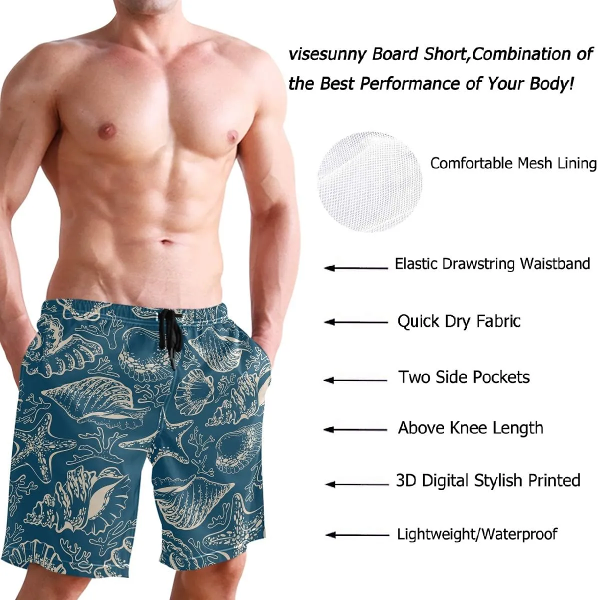 visesunny Mens Funny Swim Trunks Quick Dry Beachwear Sports Running Swim Board Shorts Mesh Lining