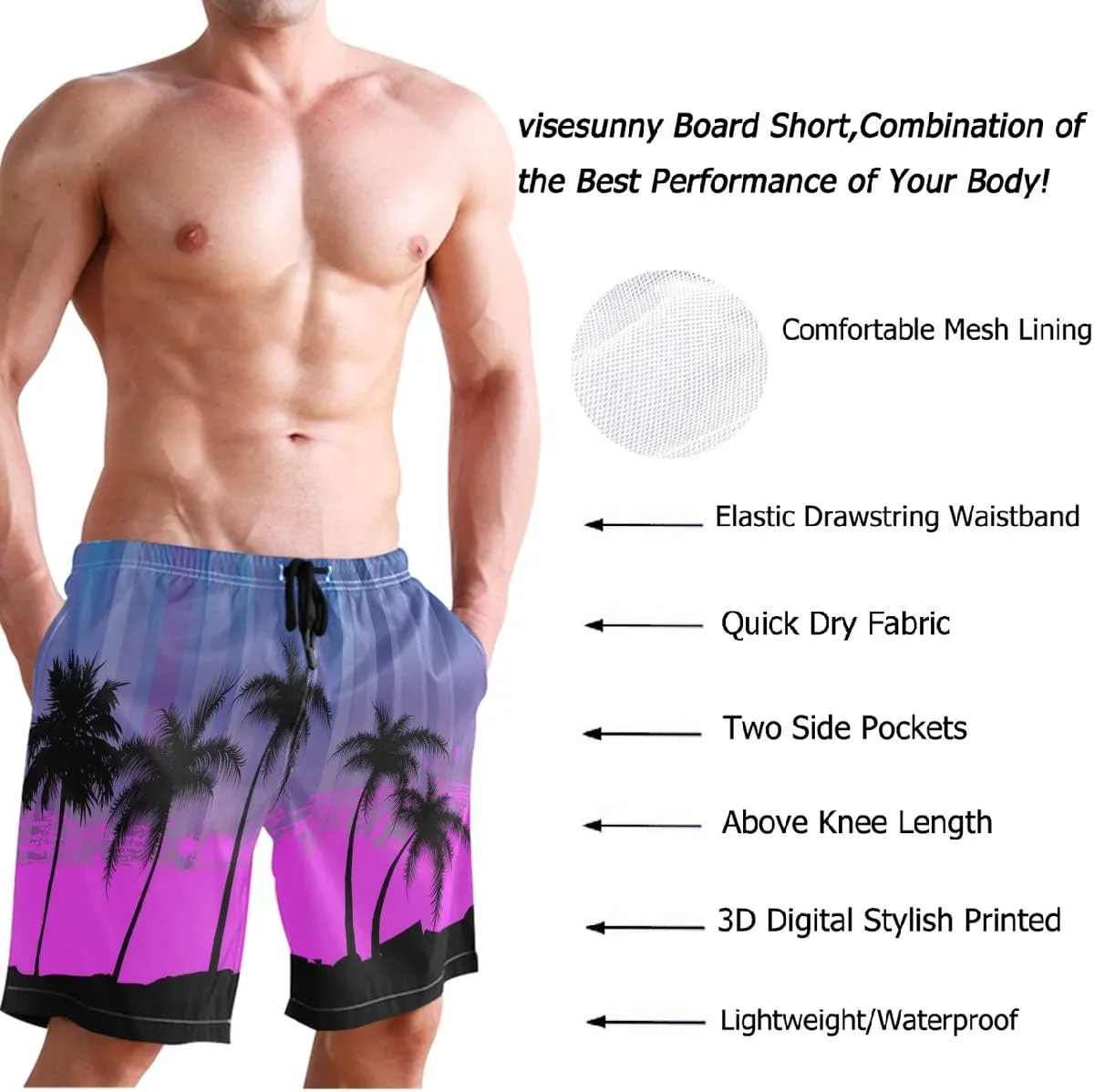 visesunny Men's Novelty Beach Shorts Quick Dry Swimwear Sports Running Swim Board Shorts Bathing Suits Mesh Lining