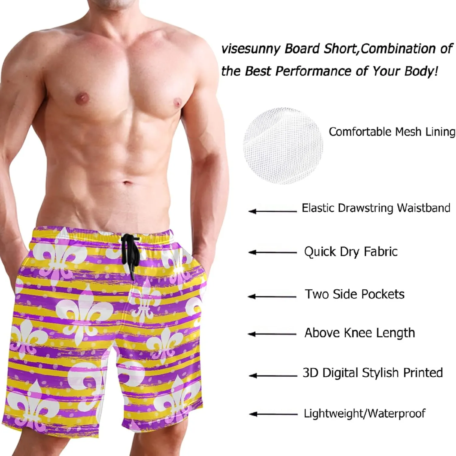 visesunny Stylish Mens Swim Trunks Quick Dry Beachwear Sports Running Swim Board Shorts Bathing Suits Mesh Lining