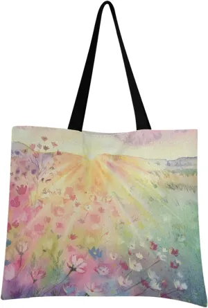 visesunny Women Extra Large Tote Bag Rural Landscape Sunrise Meadow Shoulder Bags Ladies Beach Travel Reusable Grocery Shopping Portable Storage Handbag