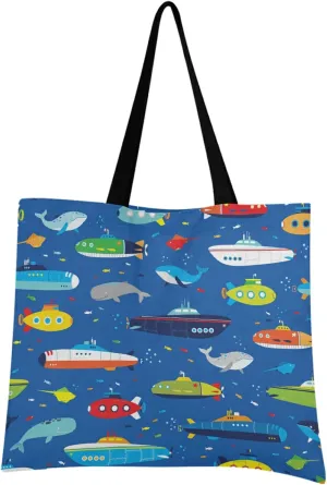 visesunny Women Extra Large Tote Bag Submarine Whale Pattern Shoulder Bags Ladies Beach Travel Reusable Grocery Shopping Portable Storage Handbag