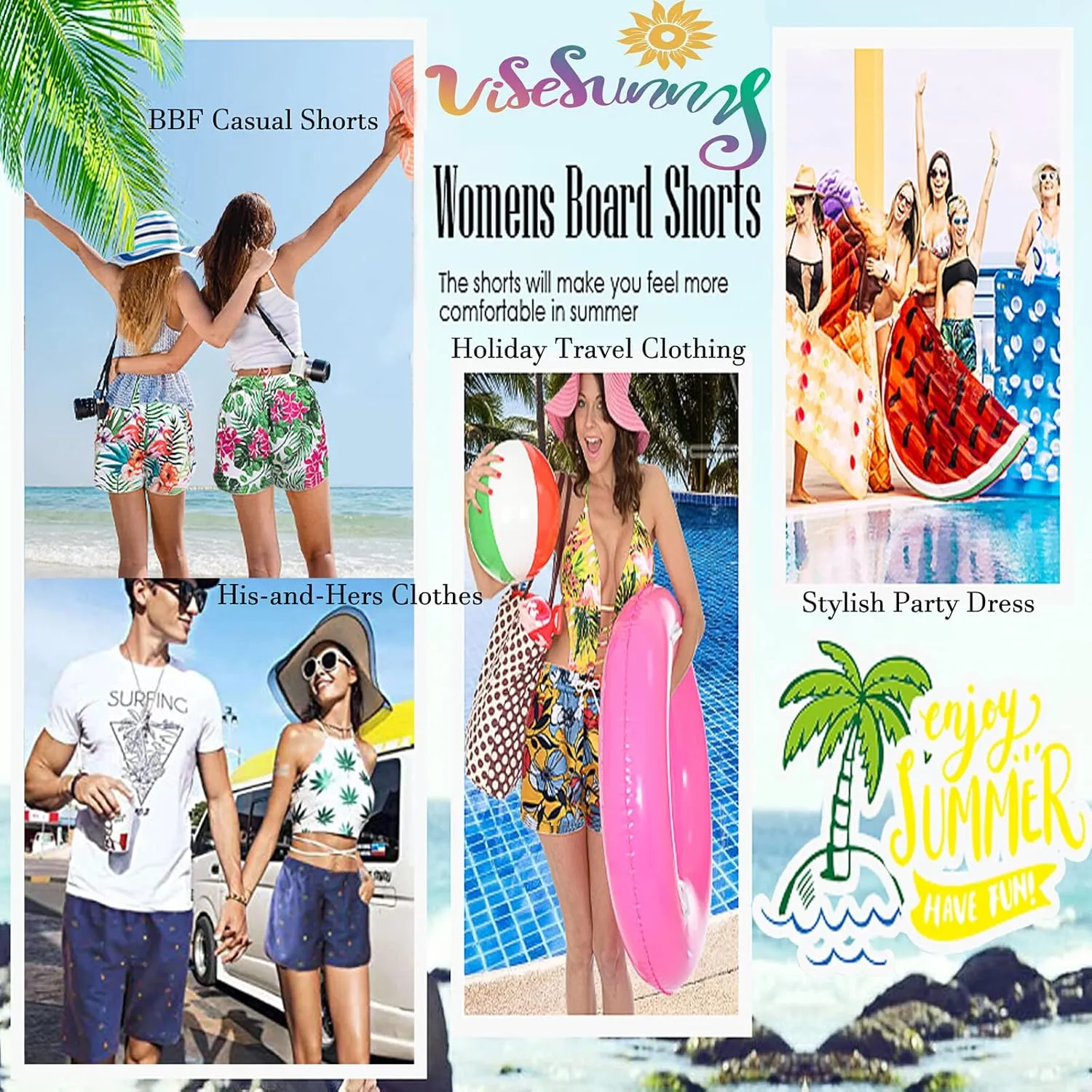 visesunny Women Summer Floral Beach Boardshorts with Pockets Swim Trunks Quick Dry Sports Summer Bottom