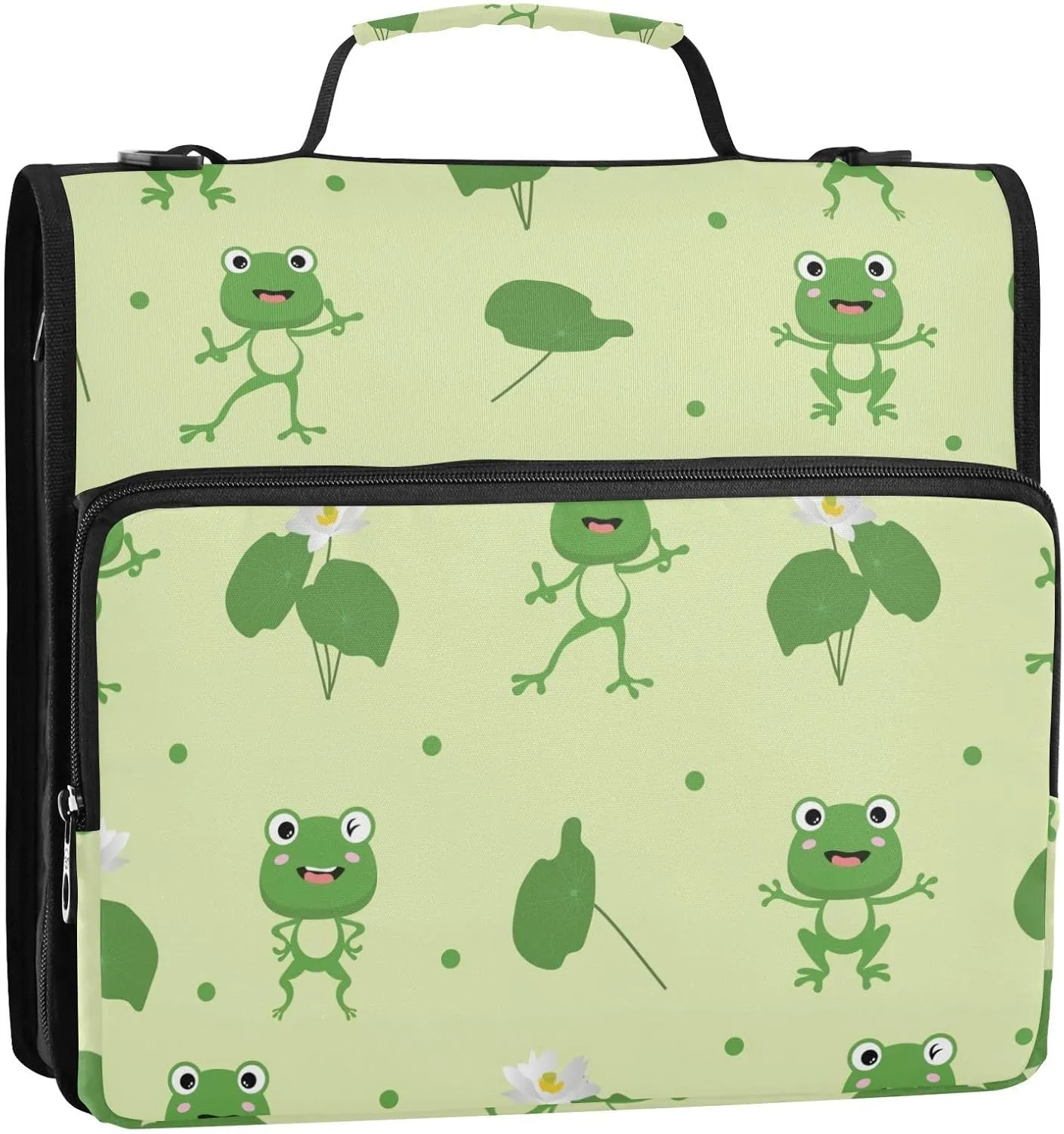 VKPSCHJ Zippered Binder Bag with Multi-Pocket,Waterproof 1.5 Inch 3 Ring Binder,Funny Green Flat Frogs Expanding File Folder with Shoulder Strap and Handle File Organizer for Office Travel