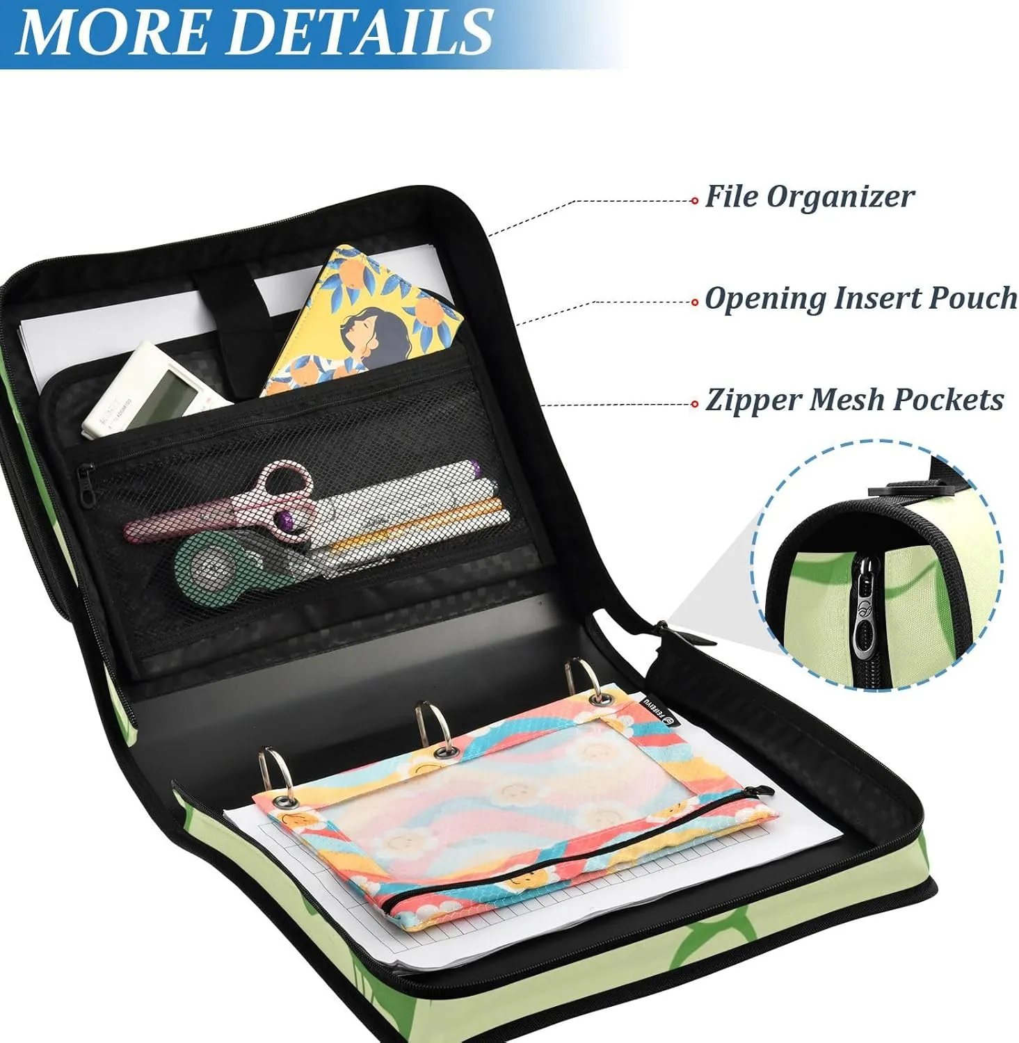 VKPSCHJ Zippered Binder Bag with Multi-Pocket,Waterproof 1.5 Inch 3 Ring Binder,Funny Green Flat Frogs Expanding File Folder with Shoulder Strap and Handle File Organizer for Office Travel