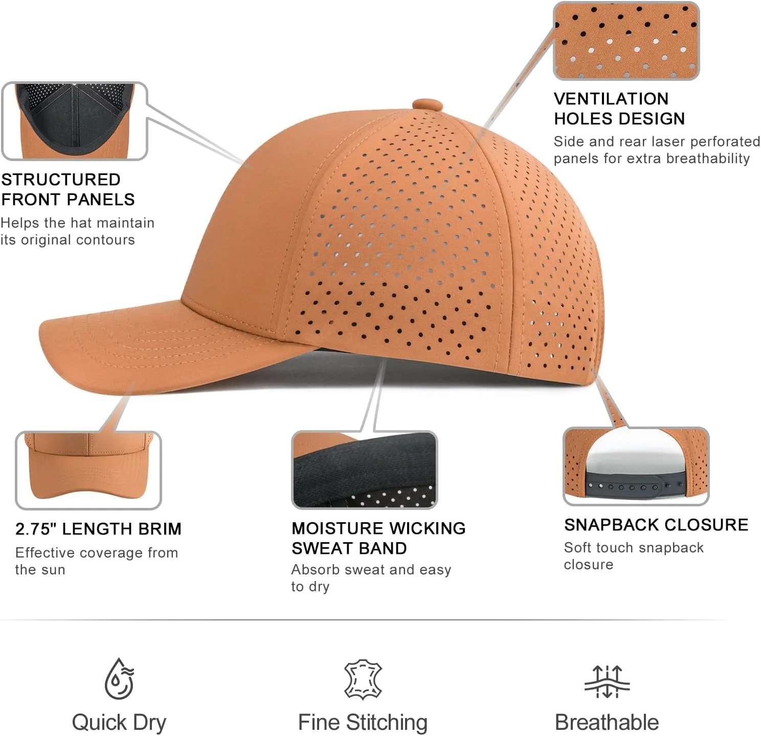VOBOOM Men Quick Dry Baseball Cap Laser Cut Mesh Ball Curved Brim Snapback Hat