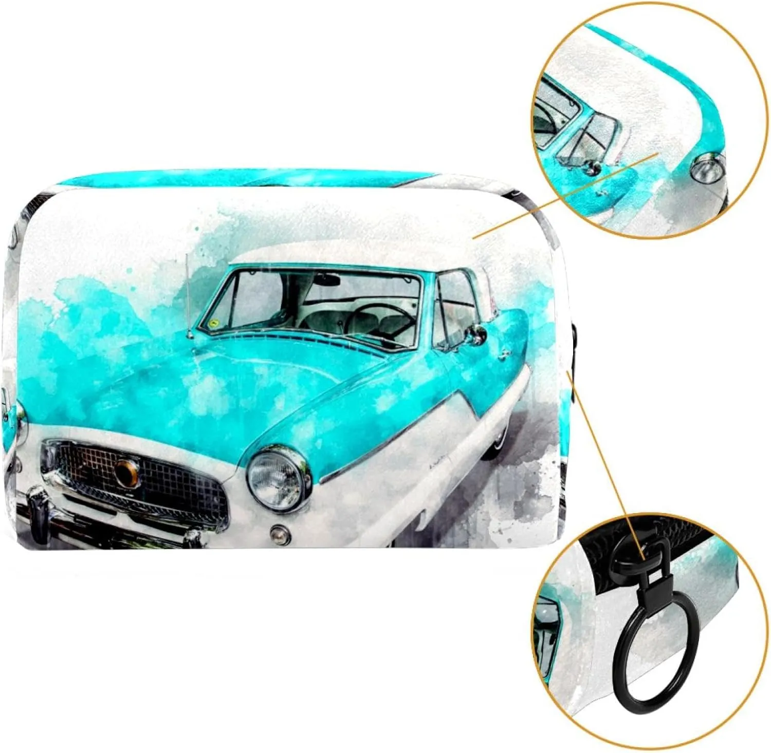 Watercolor Car Cosmetic Makeup Bags, Small Travel Zipper Pouch Portable Toiletry Bag Makeup Organizer for Women Teen Girls