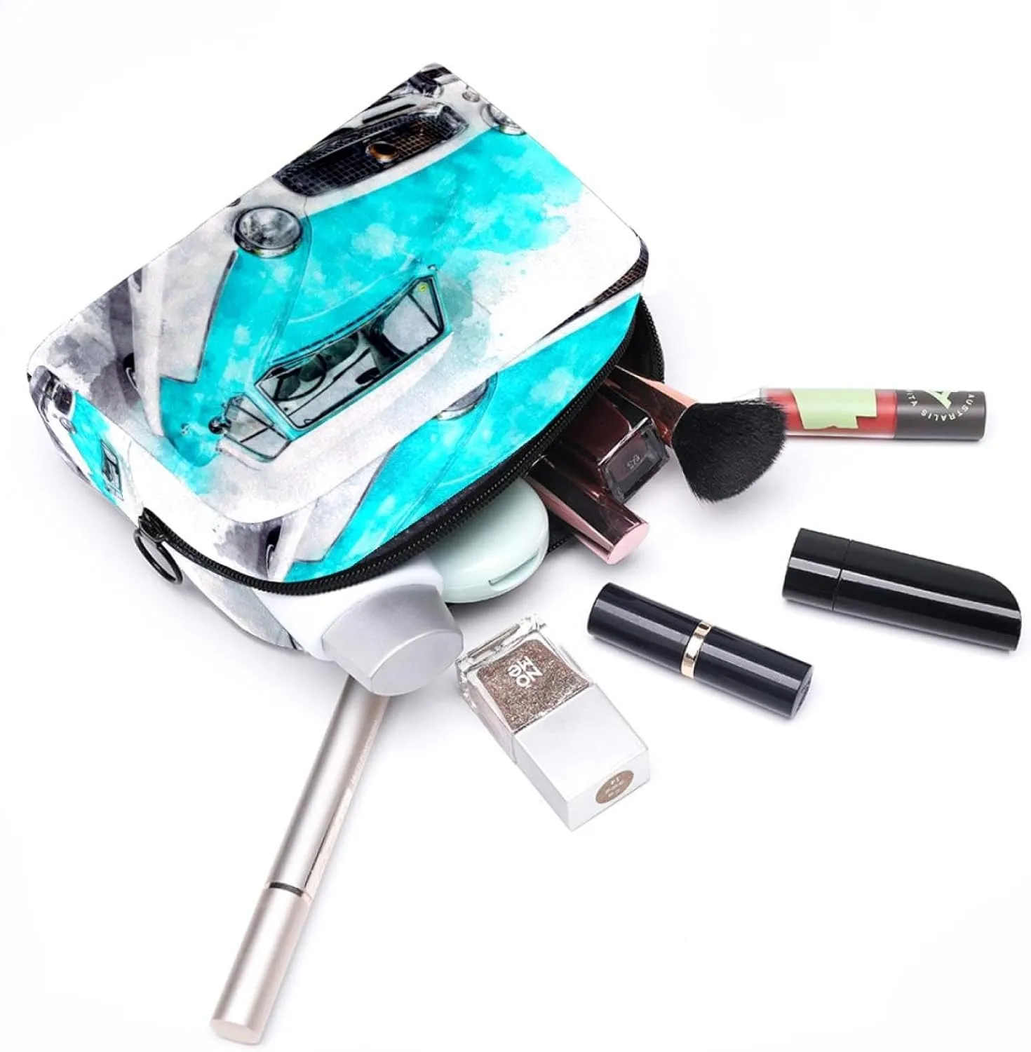 Watercolor Car Cosmetic Makeup Bags, Small Travel Zipper Pouch Portable Toiletry Bag Makeup Organizer for Women Teen Girls