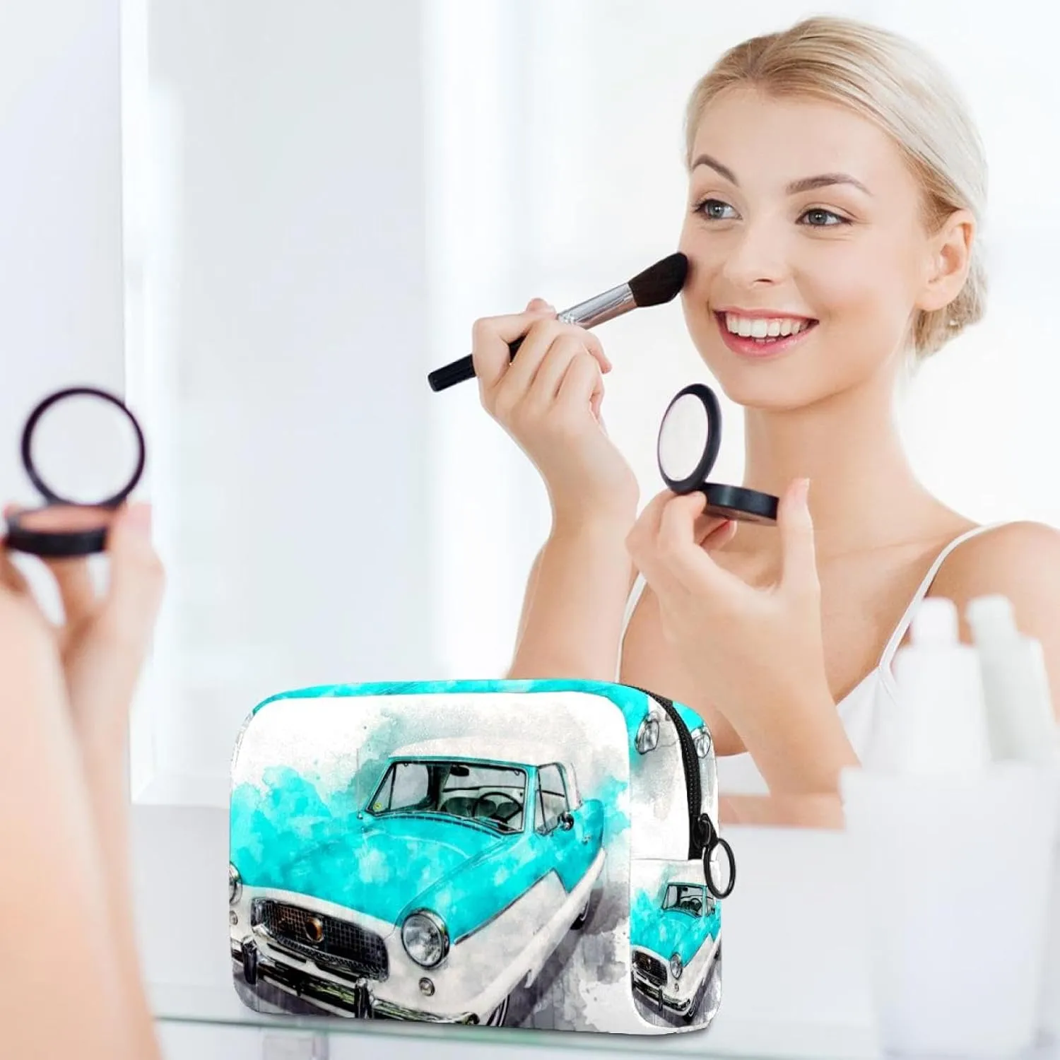 Watercolor Car Cosmetic Makeup Bags, Small Travel Zipper Pouch Portable Toiletry Bag Makeup Organizer for Women Teen Girls