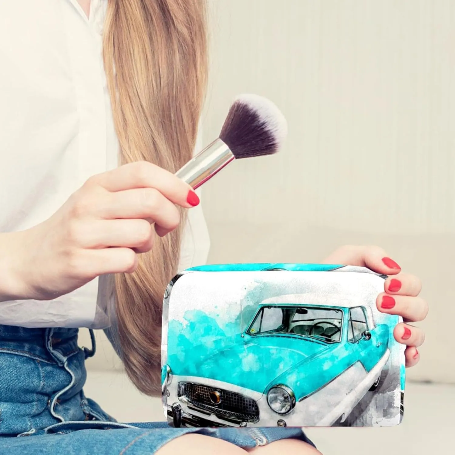 Watercolor Car Cosmetic Makeup Bags, Small Travel Zipper Pouch Portable Toiletry Bag Makeup Organizer for Women Teen Girls