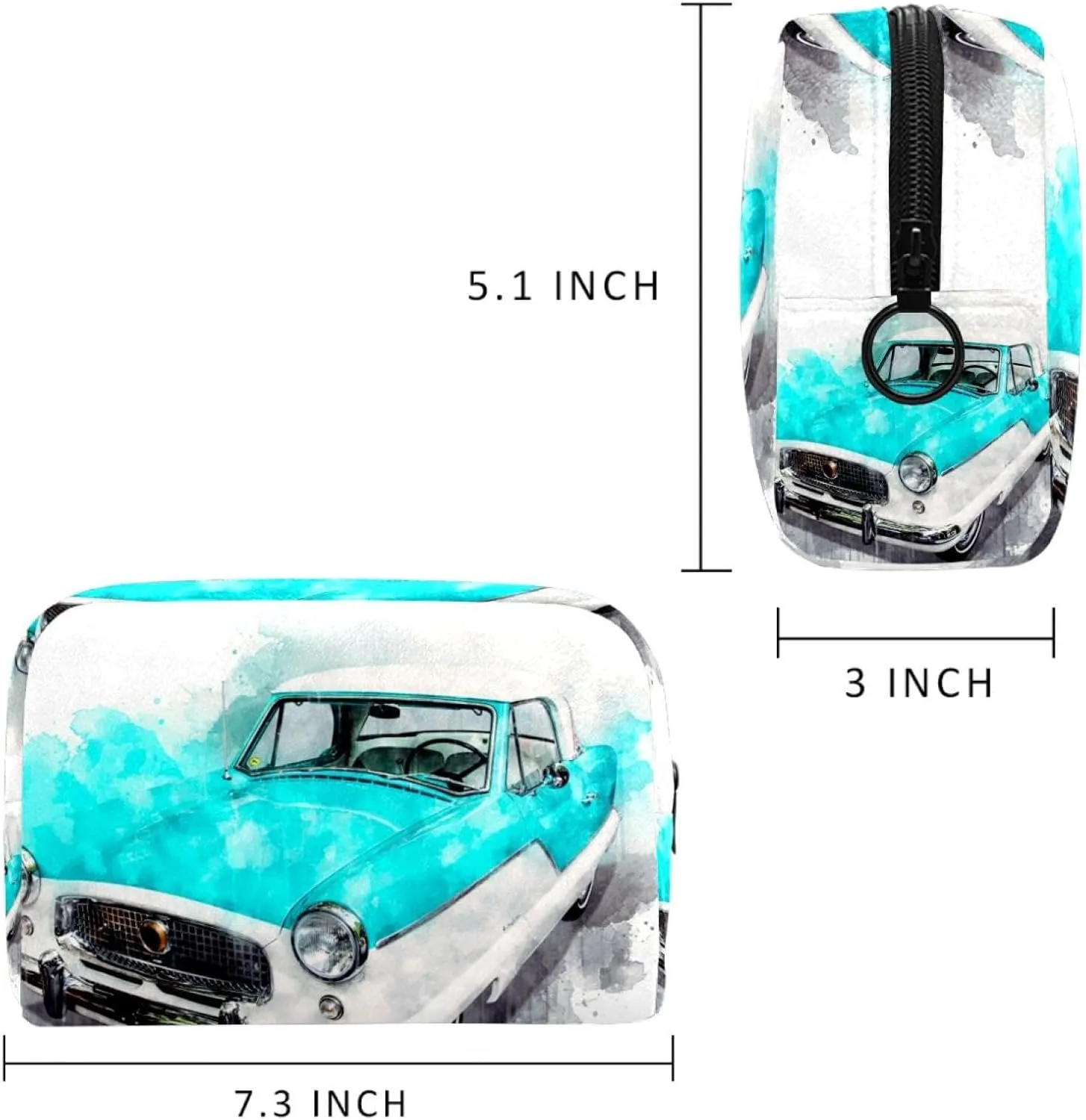 Watercolor Car Cosmetic Makeup Bags, Small Travel Zipper Pouch Portable Toiletry Bag Makeup Organizer for Women Teen Girls