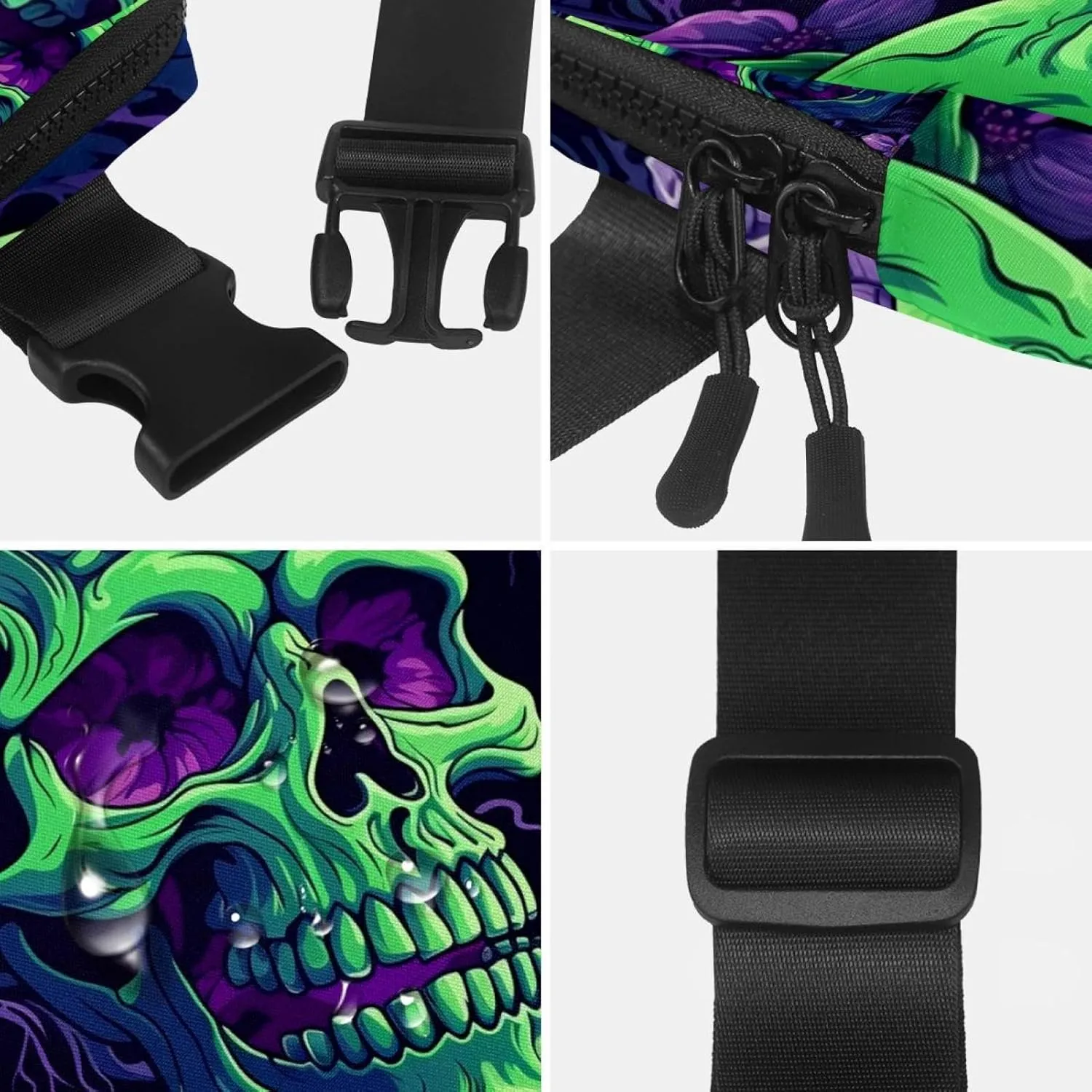 Waterproof Fanny Pack Black Belt Bag with Adjustable Strap for Women and Men,Skull a Crossbody Fanny Bag with Zipper for Hiking Running Travel