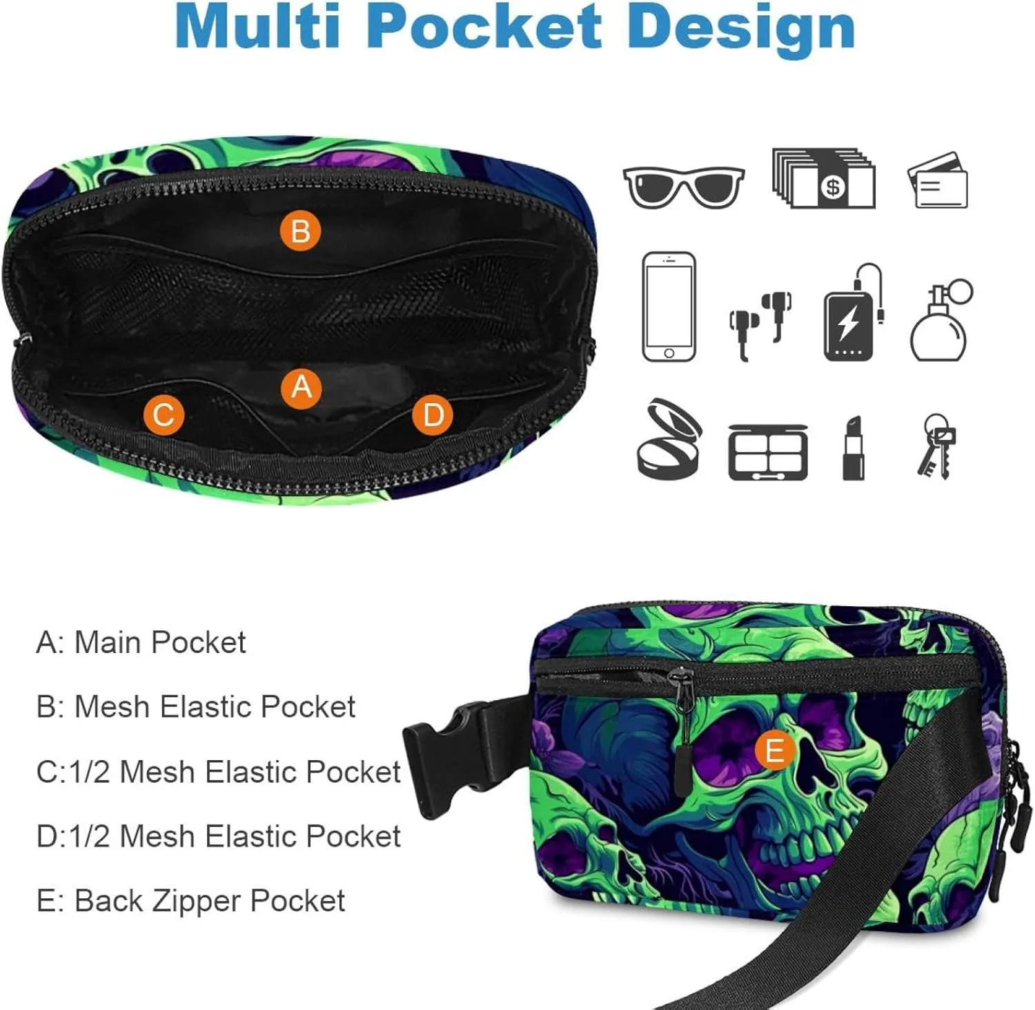 Waterproof Fanny Pack Black Belt Bag with Adjustable Strap for Women and Men,Skull a Crossbody Fanny Bag with Zipper for Hiking Running Travel