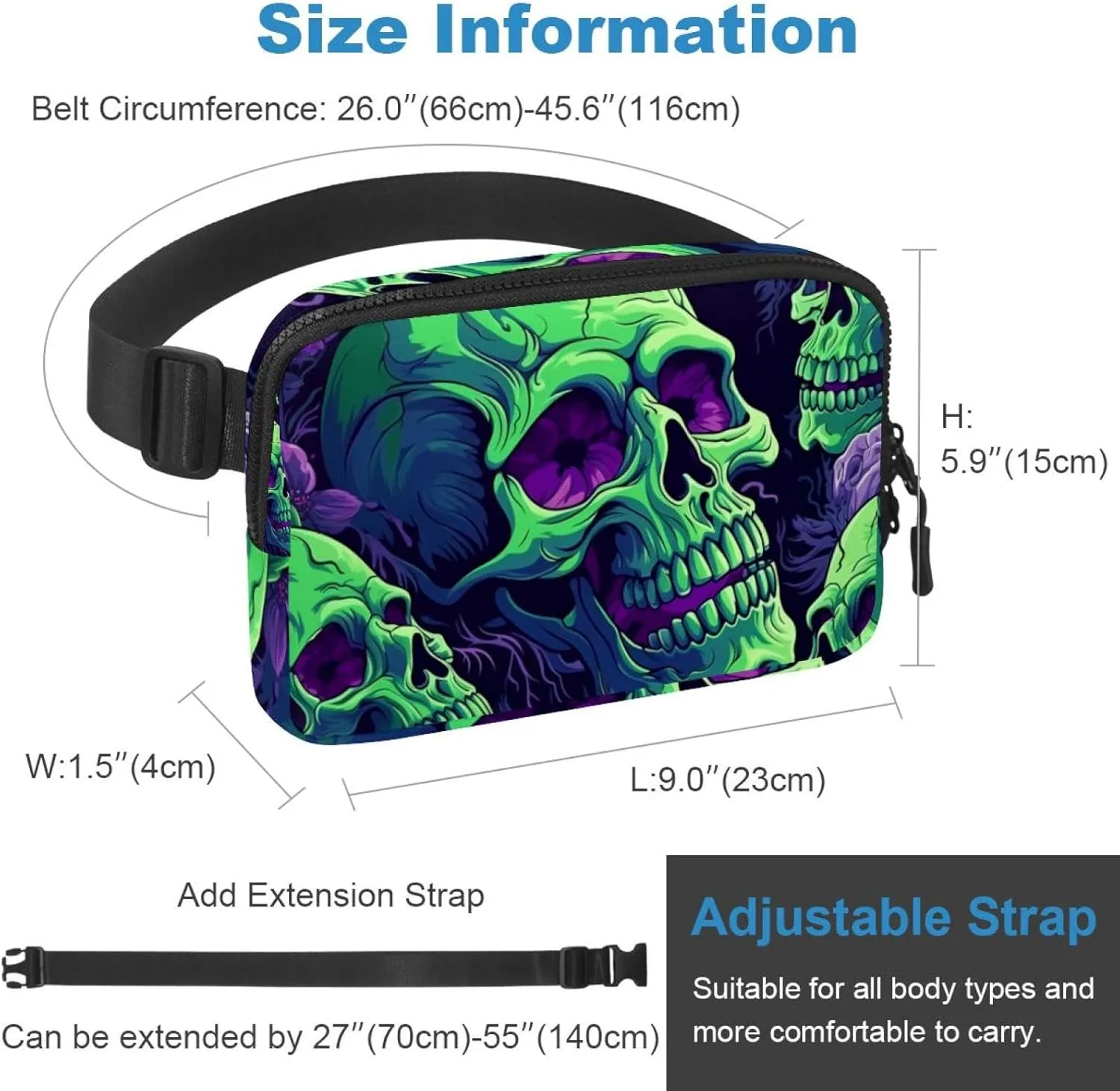Waterproof Fanny Pack Black Belt Bag with Adjustable Strap for Women and Men,Skull a Crossbody Fanny Bag with Zipper for Hiking Running Travel