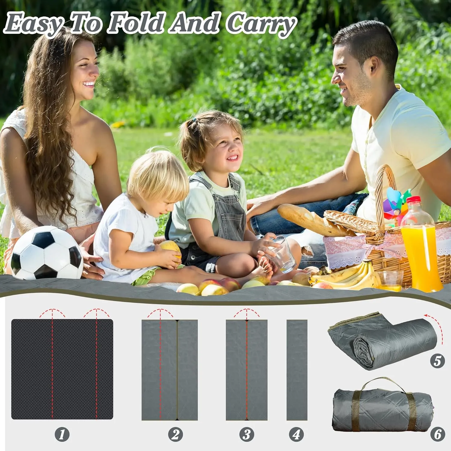 Waterproof Picnic Blanket 80 * 60 in Portable with Carry Strap for Beach Mat or Family Outdoor Camping Party, Park Blanket for Grass Park, Hiking, Travel