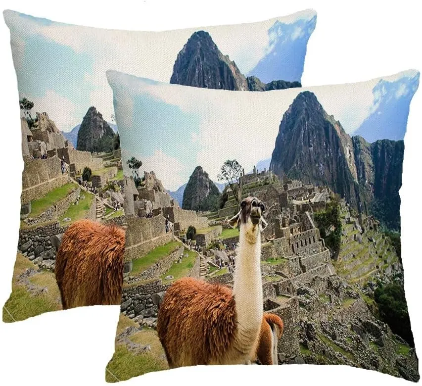 Waterproof Throw Pillow Covers Decorative Set of 2 16x16 Inch Machu South Inca Pichu UNESCO Archaeological Cloud Site Landmarks Historic Parks Outdoor Latin Old Pillow Cases for Couch Sofa Outdoor