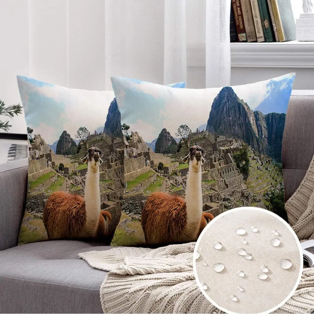 Waterproof Throw Pillow Covers Decorative Set of 2 16x16 Inch Machu South Inca Pichu UNESCO Archaeological Cloud Site Landmarks Historic Parks Outdoor Latin Old Pillow Cases for Couch Sofa Outdoor