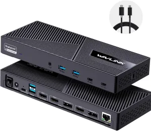WAVLINK Displaylink Docking Station 3 Monitors with 130W Power Delivery, 10Gbps USB for MacBook M1/M2/M3/Windows, USB-C(3 HDMI, 2 DisplayPort, 2 USB-C, 4 USB3.1, Ethernet, Audio)