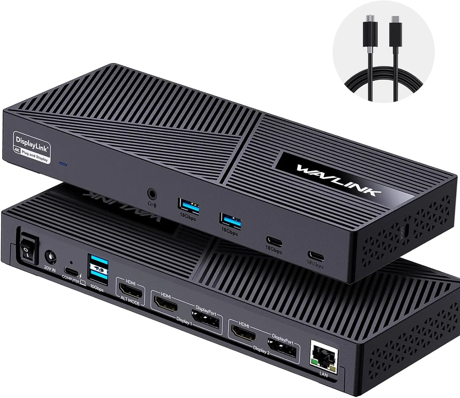 WAVLINK Displaylink Docking Station 3 Monitors with 130W Power Delivery, 10Gbps USB for MacBook M1/M2/M3/Windows, USB-C(3 HDMI, 2 DisplayPort, 2 USB-C, 4 USB3.1, Ethernet, Audio)