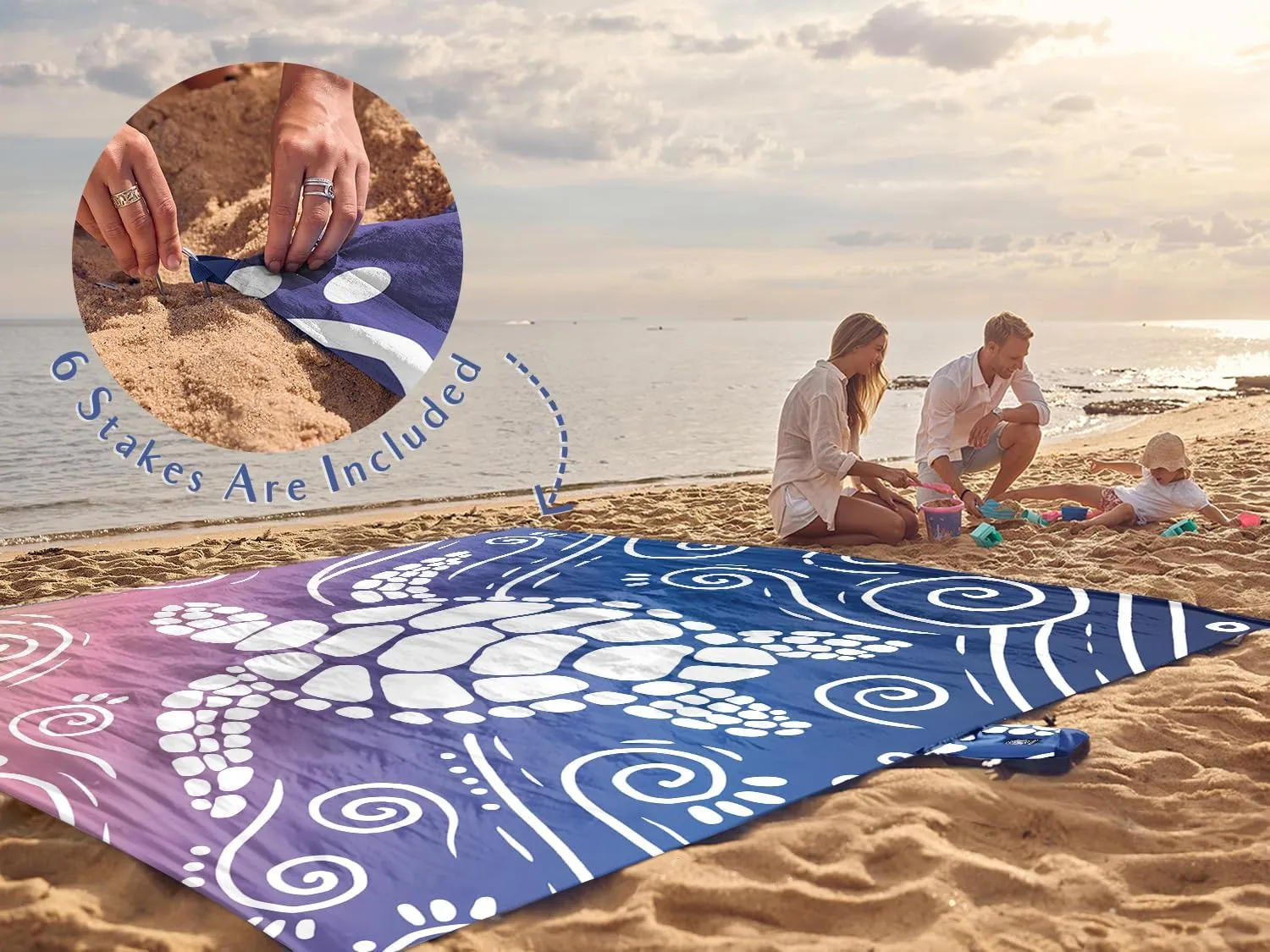 WEKAPO Beach Blanket Waterproof Sandproof Oversized Extra Large Sand Free Beach Mat with Stakes, Storage Bag - Essentials for Outdoor Beach, Picnic (Deep Blue Sea Turtle, 8 X 7 FT (1~4 Person))