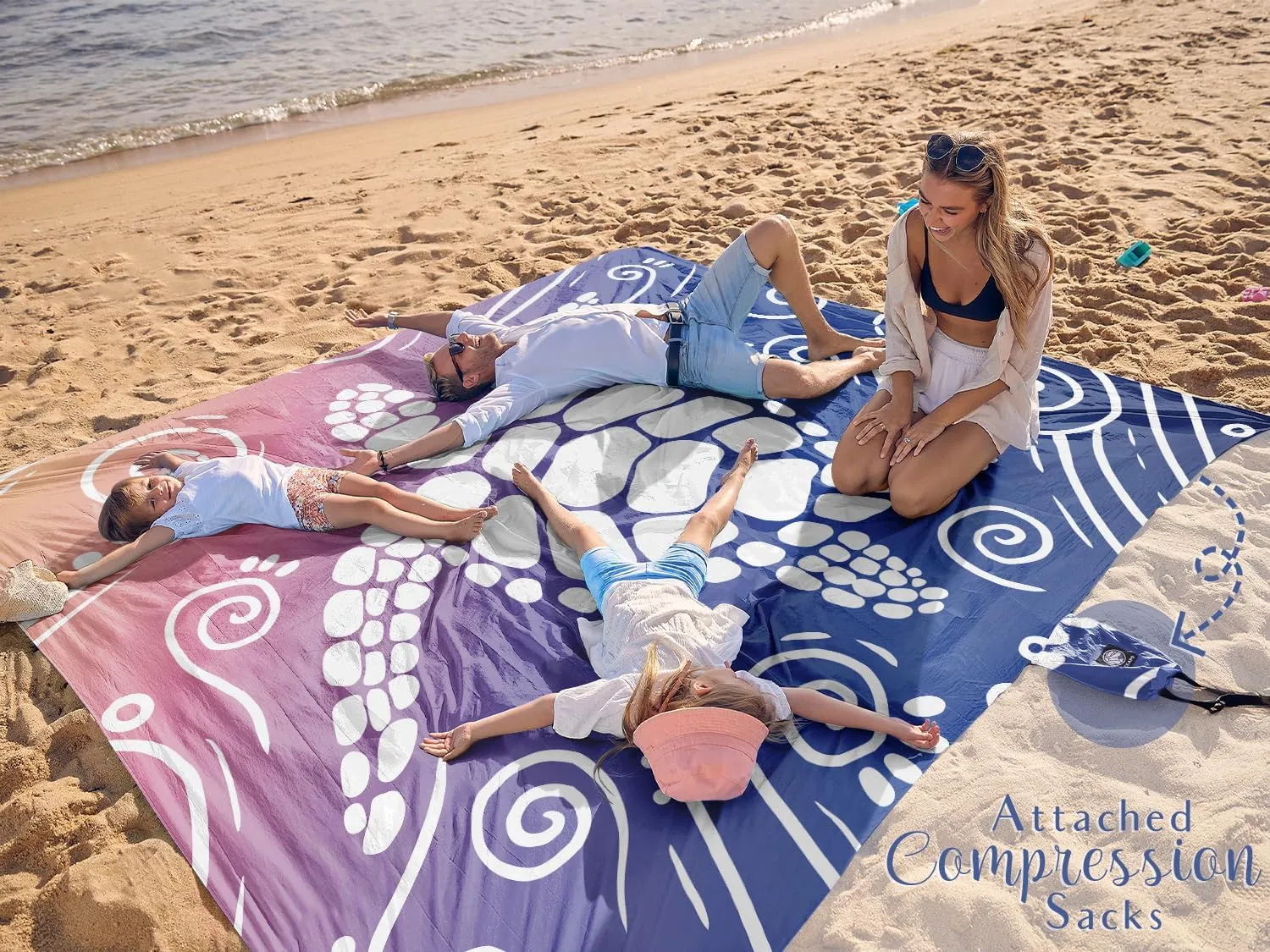 WEKAPO Beach Blanket Waterproof Sandproof Oversized Extra Large Sand Free Beach Mat with Stakes, Storage Bag - Essentials for Outdoor Beach, Picnic (Deep Blue Sea Turtle, 8 X 7 FT (1~4 Person))
