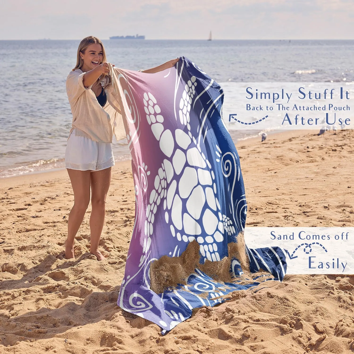 WEKAPO Beach Blanket Waterproof Sandproof Oversized Extra Large Sand Free Beach Mat with Stakes, Storage Bag - Essentials for Outdoor Beach, Picnic (Deep Blue Sea Turtle, 8 X 7 FT (1~4 Person))