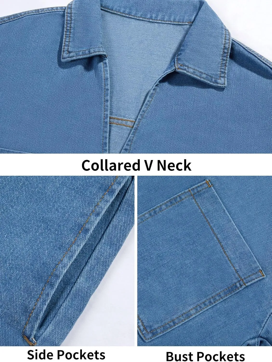 Wenrine Womens Denim Shirt Dress Summer Casual V Neck Short Sleeve Loose Jean Mini Dress