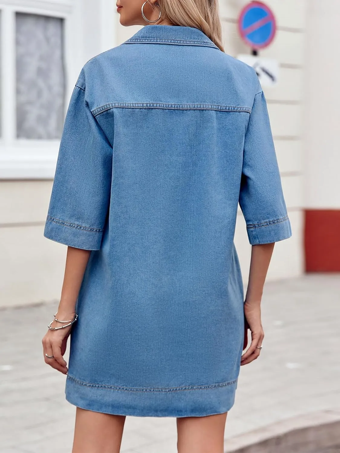 Wenrine Womens Denim Shirt Dress Summer Casual V Neck Short Sleeve Loose Jean Mini Dress