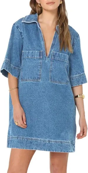 Wenrine Womens Denim Shirt Dress Summer Casual V Neck Short Sleeve Loose Jean Mini Dress