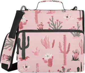 Western Desert Cactus Pastel Pink Zipper Binder with Shoulder Strap Trapper Keeper 3 Ring Binder Organizer Large Capacity Multiple Compartments for School Office