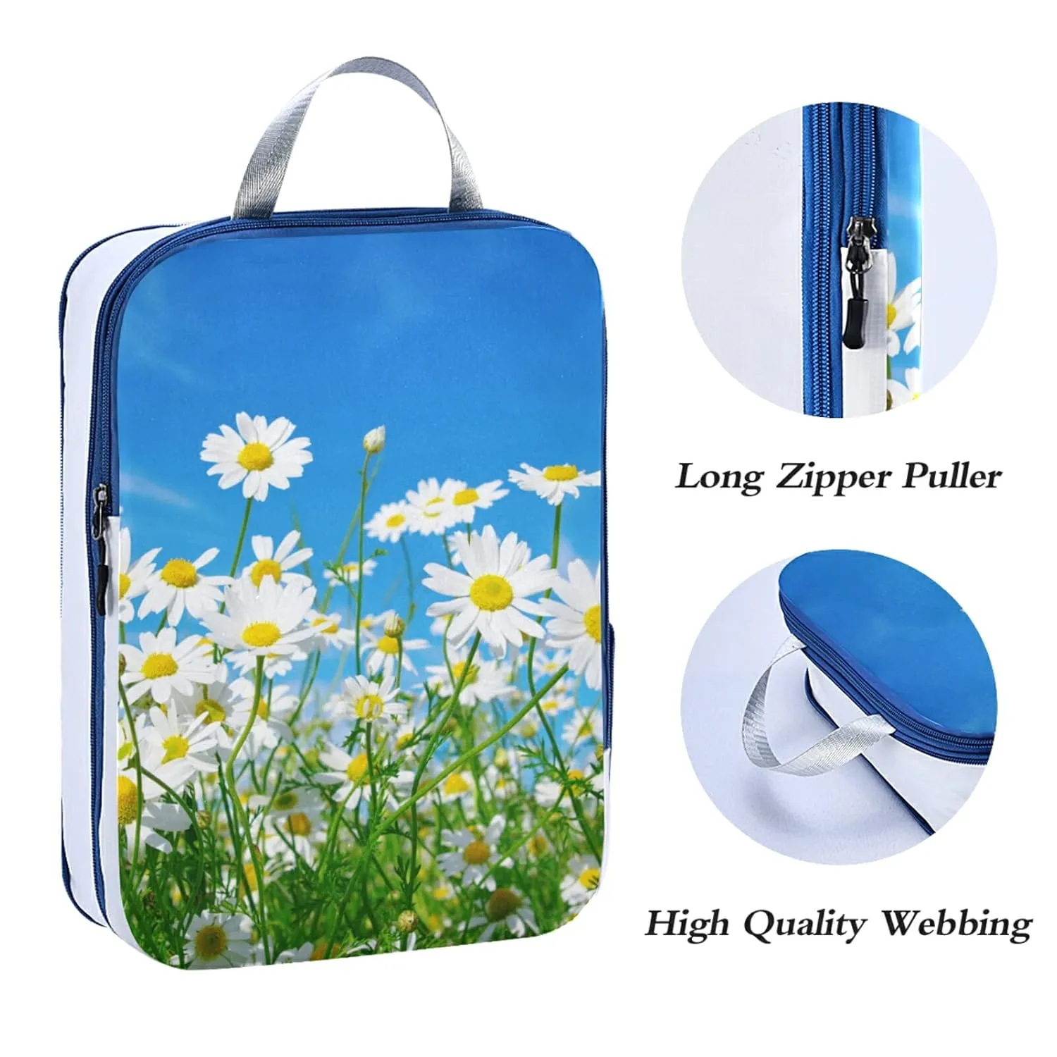 White Daisy Flowers Green Leaves Blue Style Good Weather 3 Piece set Cubes Expandable Adjustable Luggage Packing Bags, Ultralight Organizer Accessories Travel Suitcase Compressible Bags