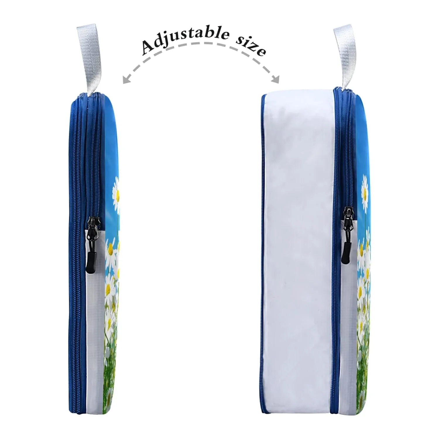 White Daisy Flowers Green Leaves Blue Style Good Weather 3 Piece set Cubes Expandable Adjustable Luggage Packing Bags, Ultralight Organizer Accessories Travel Suitcase Compressible Bags
